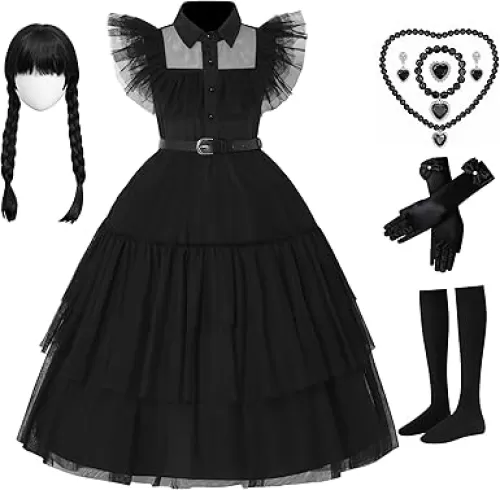 Girls Black Dress Kids Movie Halloween Cosplay Costume Party Dance Dress Up with Wig Necklace Set Belt Gloves Socks