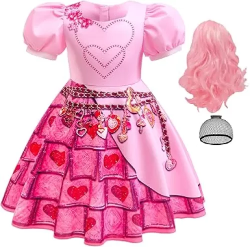 Girls Bridget Costume Kids Younger Queen of Heart Pink Dress Princess Cosplay Outfits with Wig for Halloween Party