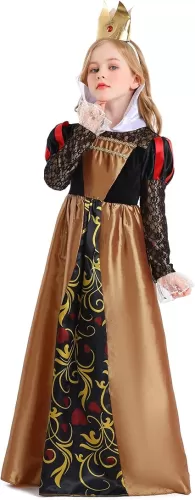 Girls Red Heart Dress, Queen of Heart Dress for Girl, Wonderland Red Heart Queen Costume with Crown