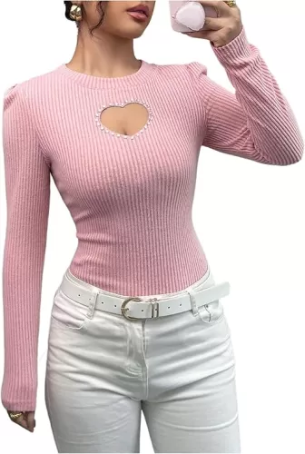 GORGLITTER Women's Rhinestone Heart Cut Out Shirt Crewneck Long Sleeve Rib Knit Slim Tops