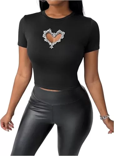 GORGLITTER Women's Rhinestone Heart Cut Out T Shirt Crewneck Short Sleeve Slim Tee Tops