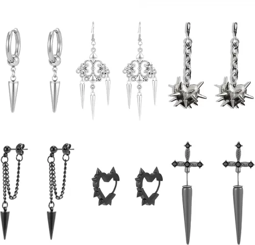 Goth Earrings Set Y2K Heart Spike Black Gothic Emo Sword Rock Punk Chain Dangle Earrings for Women Men 6 Pairs