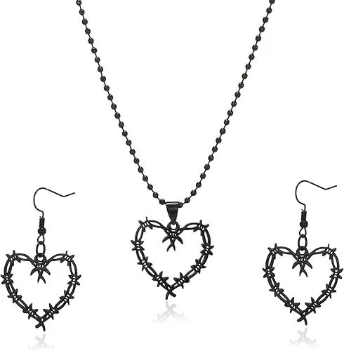 Gothic Barbed Wire Heart Earrings Necklace for Women Gold Silver Punk Style Thorn Large Heart Necklace Stainless steel Metal Mesh Dangle Drop Earrings for Girls Halloween Jewelry Set Gifts