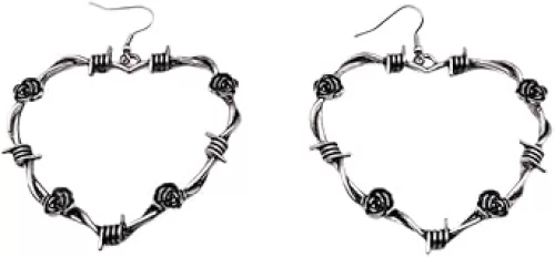 Gothic Barbed Wire Love Heart Drop Dangle Earrings Chunky Big Flower Hoop Metal Thorns for Women Girls Goth Punk Large Hip Hop Party Jewelry