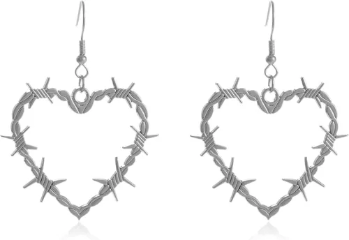 Gothic Barbed Wire Thorn Heart Earrings Gold Silver Heart Thorn Earrings Punk Style Large Heart Rose Earrings Metal Mesh Dangle Drop Earrings Halloween Jewelry for Women and Men