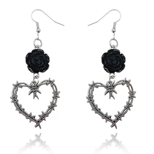 Gothic Barbed Wire Thorn Heart Earrings, Gold Silver Punk Style Large Heart Rose Earrings, Goth Black Rose Metal Mesh Dangle Drop Earrings Halloween Jewelry for Women Girls (Silver-C)