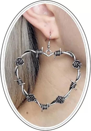Gothic Barbed Wire Thorn Heart Earrings, Punk Style Large Heart Rose Earrings, Vintage Thorn Rose Heart Earrings, Valentine's Day Jewelry
