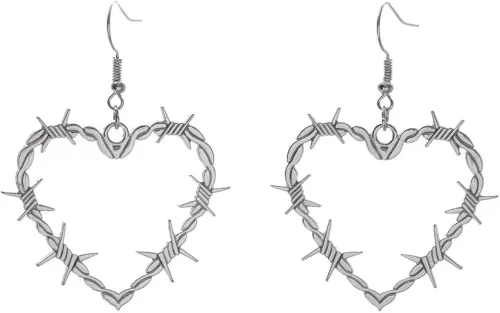 Gothic Barbed Wire Thorn Heart Metal Mesh Earrings - Heavy Duty Padlock Dangle Drop Punk Thorns Heart Design - Halloween Jewelry for Women And Men