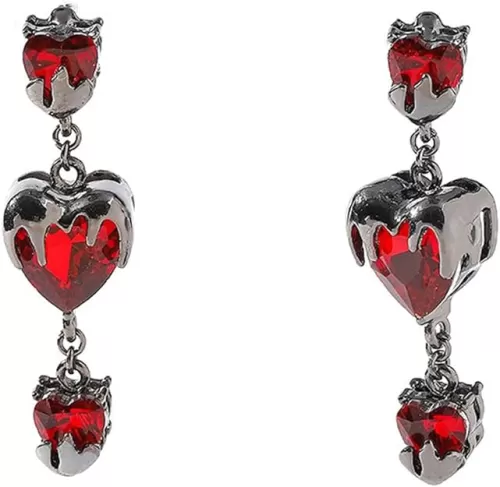 Gothic Crystal Heart Drop Earrings for Women Retro Goth Red Crystal Dangle Drop Earrings Punk Red Heart Queen Earring Halloween Cosplay Party Jewelry for Women