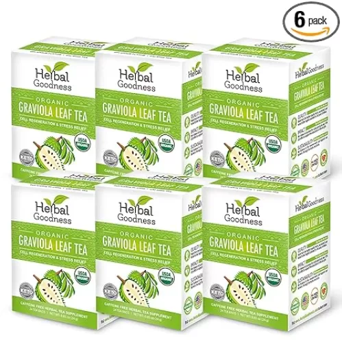 Graviola Leaf Tea - 144 Tea Bags - Hojas De Guanabana Organica Tea, Pure Organic Soursop Leaves, Rich In Antioxidant, Perfect For Immune Health, Digestion, Cell Regeneration & Heart Health - 6 Pack