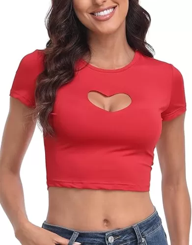 HDE Women's Heart Cut Out Crop Top Short Sleeve T Shirt Y2K Cropped Baby Tee