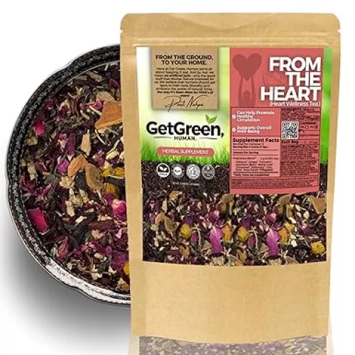 Healthy Heart Loose Leaf Tea w/ Hibiscus, Ginger, Turmeric | Organic Herbal Tea | 2 oz (57 gram) | Decaf, Vegan, Healthy, ZERO Caffeine, Organic, Herbs, No Natural or Artificial Flavors, Resealable Bag | From The Heart by Get Green, Human