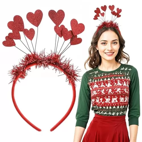 Heart Headband Red Head Bopper Glitter Heart Shaped Hair Band Sequin Love Tinsel Hair Accessories for Women Wedding Birthday Party Decorations