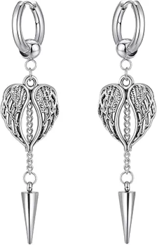 Heart Shape Wing Dangle Drop Earrings for Women Men Stainless Steel Angel Wings Conical Nail Spike Chain Link Dangling Huggie Hinged Hoop Earring Punk Hip Hop Jewelry Gifts Hypoallergenic