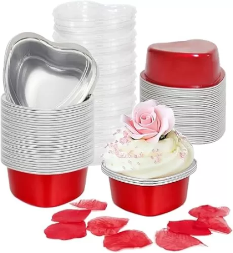 Heart Shaped Cake Pans for Baking with Red Petals, BLVRYVIO 50 Sets Aluminum Cupcake Cups with Lids, 100 ml/ 3.5 Ounces Red Disposable Mini Foil Pans for Valentine
