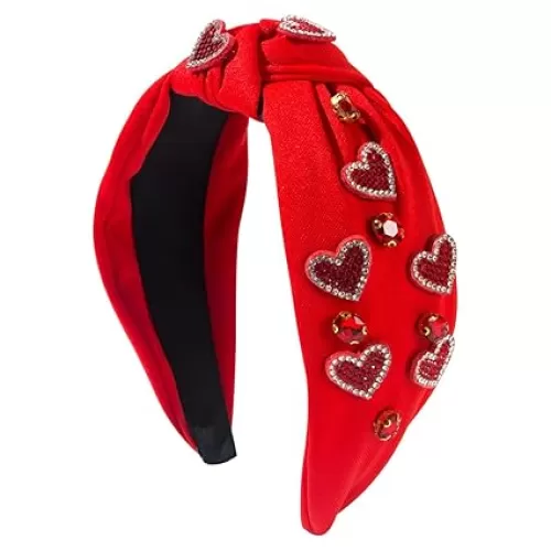 Heart Valentines Headband for Women - Red Pink Love Rhinestone Beaded Pearl Party Accessories Gifts
