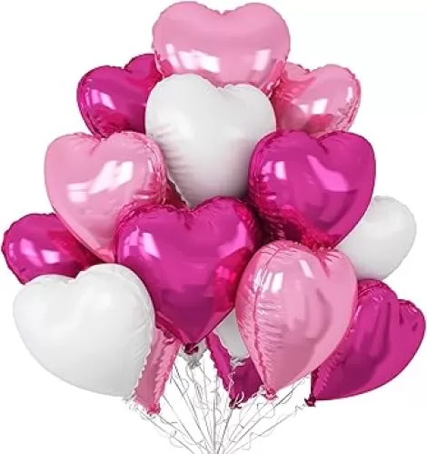 Hot Pink White Heart Balloons, 12Pcs 18 Inch Light Pink Helium Foil Love Heart Shaped Balloons for Bridal Wedding Engagement Party Anniversary Birthday Baby Shower Valentines Day Decorations