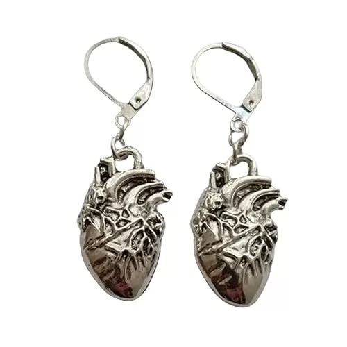 Human Heart Charm Leverback Earrings for Men Women, Punk 3D Heart Charm Drop Dangle Earrings, Creative Jewelry for Couple, Doctor, Scientist