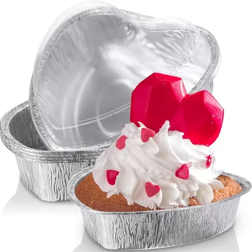 Hushee 6 Pcs Valentine‘s Day Cake Pan Heart Shaped Pan with Lids 27 oz Large Size Food Containers Aluminum Foil Heart Food Packing Takeaway Boxes for Valentine‘s Day, 7.4 Inch