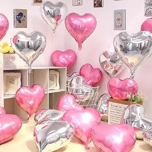 Jangostor 60 PCS Heart Shape Foil Balloons, 10 Inch Pink & Silver Heart Foil Balloons Mylar Heart Shaped Balloons Heart Balloons Aluminum Foil Balloons for Valentine Day Birthday Engagement Wedding