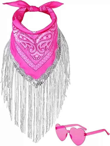 JIANGLAI Fringe Rhinestone Bandana with Heart Sunglasses, Disco Cowgirl Bachelorette, Hot Pink, Large