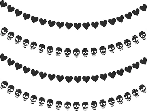 K1tpde 4PCS Gothic Black Heart Skull Garland Banner Kits, Black Felt Heart Banner for Valentines, Skull Garland Backdrop for Gothic Birthday Party Decorations, Halloween Home Decor