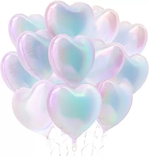 KALOR Iridescent Heart Balloons, 12Pcs 18 Inch Iridescent Heart Shaped Foil Balloons for Valentines Day, Wedding, Bridal Shower and Birthday Party Decorations