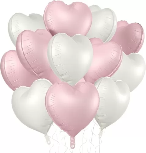 KALOR Pastel Pink and Sand White Heart Balloons, 12Pcs 18 Inch Heart Shaped Foil Balloons for Valentines Day, Wedding, Bridal Shower and Birthday Party Decorations
