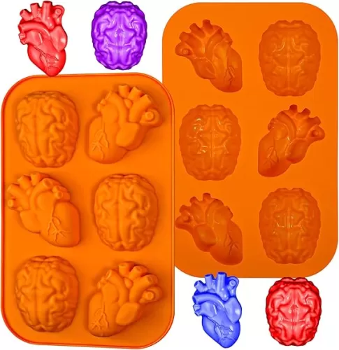 Kamehame Brain and Heart Cake Mold, 2 Pieces Silicone Jello Molds, Halloween Simulation Human Organ Cupcake Muffin Molds, Orange