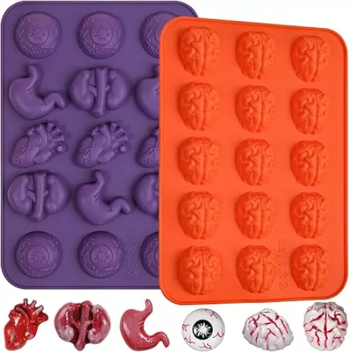 Kamehame Halloween Chocolate Molds Brain Shape Silicone Mold, 15-Cavity Organ Silicone Mold Shaped with Brain, Eyeball, Heart Lungs and Stomach for Chocolate, Candy, Cupcake Decorations, Pack of 2