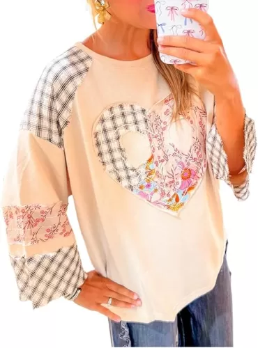 KevaMolly Womens Valentine Tops Floral Peace Heart Shape Drop Shoulder Sweatshirt Round Neck Casual Pullover Top