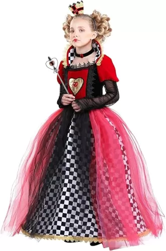 Kids Queen of Hearts Costume Girls, Black & Red Fancy Royal Dress Up For Halloween Outfit