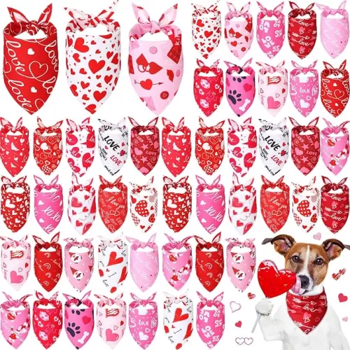 Kigeli 50 Pcs Valentines Dog Bandanas Bulk Heart Bandanas Bibs Triangle Dog Scarf Kerchief Set Puppy Bandanas with Heart Patterns for Valentines Day Pet Costume Accessories(31.5 x 21.7 x 21.7 Inch)