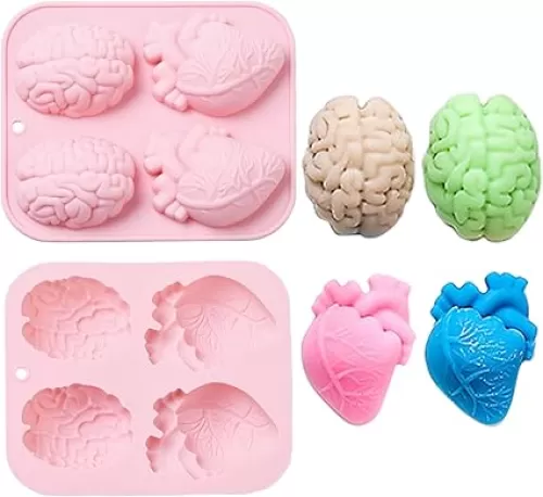 KitBeads 2pcs Silicone Heart and Brain Molds Handmade Terror Halloween Molds Pink 3D Anatomical Organ Molds for Candy Chocolate Soap Making