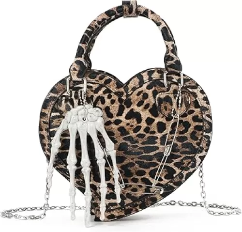KUANG! Halloween Handbag Skull Hand Purse Heart Shaped Tote Bag Leopard Print Shoulder Crossbody Purse for Women