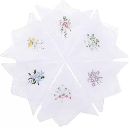 Ladies Cotton Handkerchiefs Flower Embroidered with Lace Ladies' Vintage Floral Lace Handkerchiefs for Wedding Party (6 Pack)