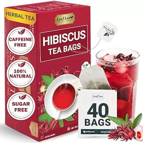 LeafLea 40 Premium Natural Hibiscus Tea Bags, Supports Blood Pressure & Heart Health, 100% Hibiscus Herbal Tea Bags Rich in Natural Goodness and Flavor, Te De Hibisco, Caffeine-Free, Sugar-Free