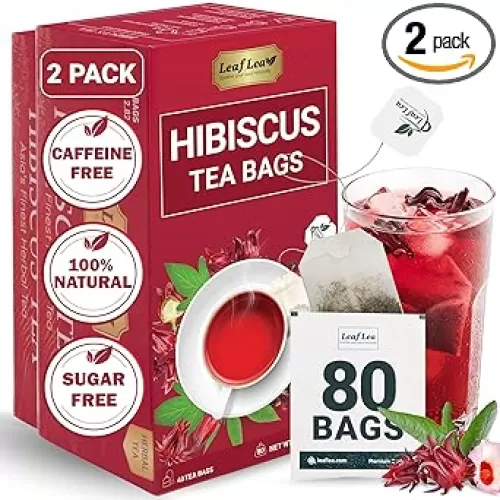 LeafLea 80 Natural Hibiscus Tea Bags, Pure Hibiscus Flowers, Supports Heart Health & Lowers Blood Pressure, Red Hibiscus Tea Bags, Te de Hibisco Natural, Sugar-Free, Caffeine-Free, Non-GMO, Pack of 2
