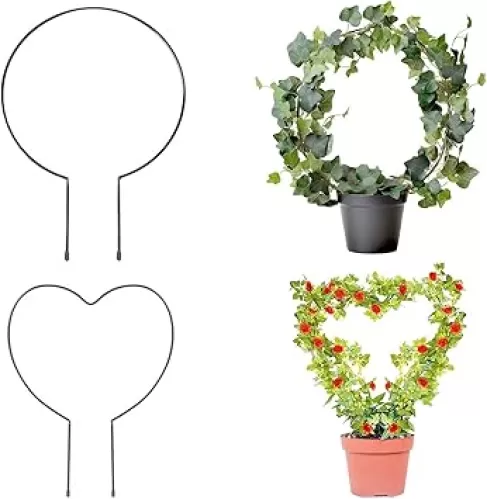Levery 2 Pack Garden Trellis for Climbing Plants, 13 inches Rust-Proof Iron Metal Plant Support with Black Rust Proof Coating for Decorative Potted Climbing Vines and Flowers (Round & Heart) A1016
