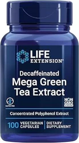Life Extension Decaffeinated Mega Green Tea Extract – Polyphenol-Rich, Cell Health, Heart Health, Brain Health, Antioxidant Protection – Non-GMO, Gluten-Free, Vegetarian – 100 Capsules