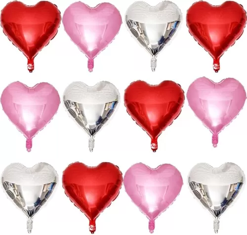 Lovoir 12 Pcs Red Heart Shape Foil Mylar Balloons 18 Inch Love Balloons for Valentine's Day Birthday Party Decorations Wedding Engagement Romantic Decor (Pearl Pink & Red & Silver)