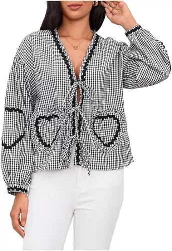 MakeMeChic Women's Plaid Print Heart Shaped Tie Front Blouses Long Puff Sleeve Cute Tops