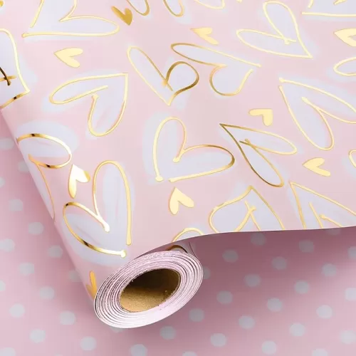 MAYPLUSS Wedding Wrapping Paper Roll, 17IN x 33FEET Gold Foil Heart Bridal Shower Gift Wrap for Mothers Day, Engagement, Baby Shower, Valentines Day