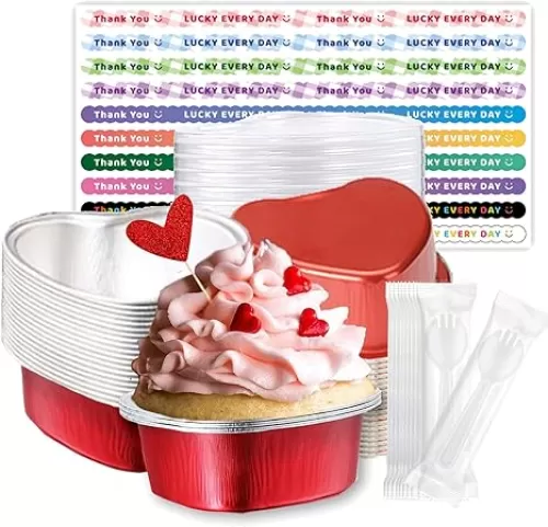 Mini Heart Shaped Aluminum Foil Cake Pans with Lids, 3.4oz Disposable Baking Cups for Valentine's Day, Cupcake, Brownie, Dessert Molds with Bonus Fork-Spoon Utensils and Stickers, 20 Pack