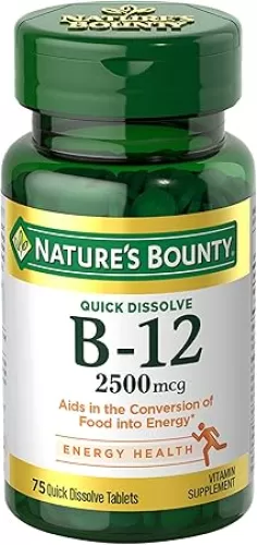 Nature's Bounty Vitamin B12 2500 mcg, Cellular Energy Support, for Energy Metabolism, Heart & Nervous System Health, 75 Quick Dissolve Tablets