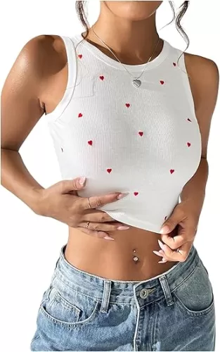 OYOANGLE Women's Heart Embroidery Ribbed Knit Crop Tank Tops Slim Fitted Crew Neck Sleeveless Top