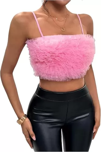 OYOANGLE Women's Mesh Tulle Crop Cami Top Party Spaghetti Strap Shirred Camisole Clubwear
