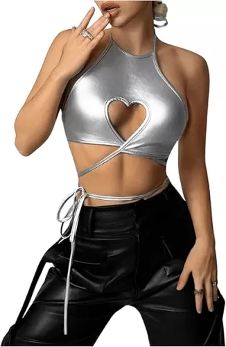OYOANGLE Women's Metallic Heart Cut Out Halter Top Strappy Backless Fitted Y2K Crop Tank Tops Streetwear