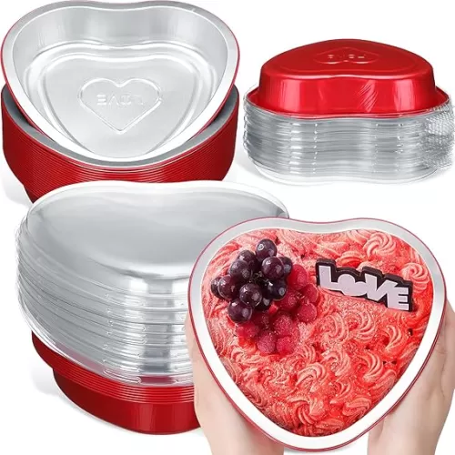 Patelai 25 Sets Large Foil Heart Shaped Cake Pans with Lid 22.7 oz Aluminum Heart Baking Cups Pan Dessert Baking Cups for Mother
