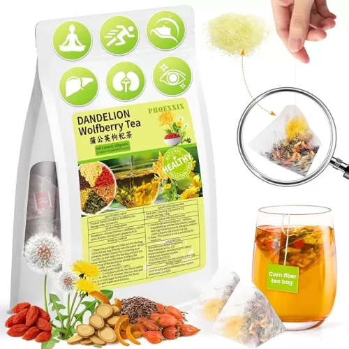 PHOEXXIX-Dandelion Wolfberry tea bags, use for Kidneys Liver&eye Detox and Repair, stay up late constipation boost immunity, Contain dandelion wolfberry Seven ingredients, Corn fiber tea bag Non-GMO caffeine-free(1 Pack/15 Bags) 180g